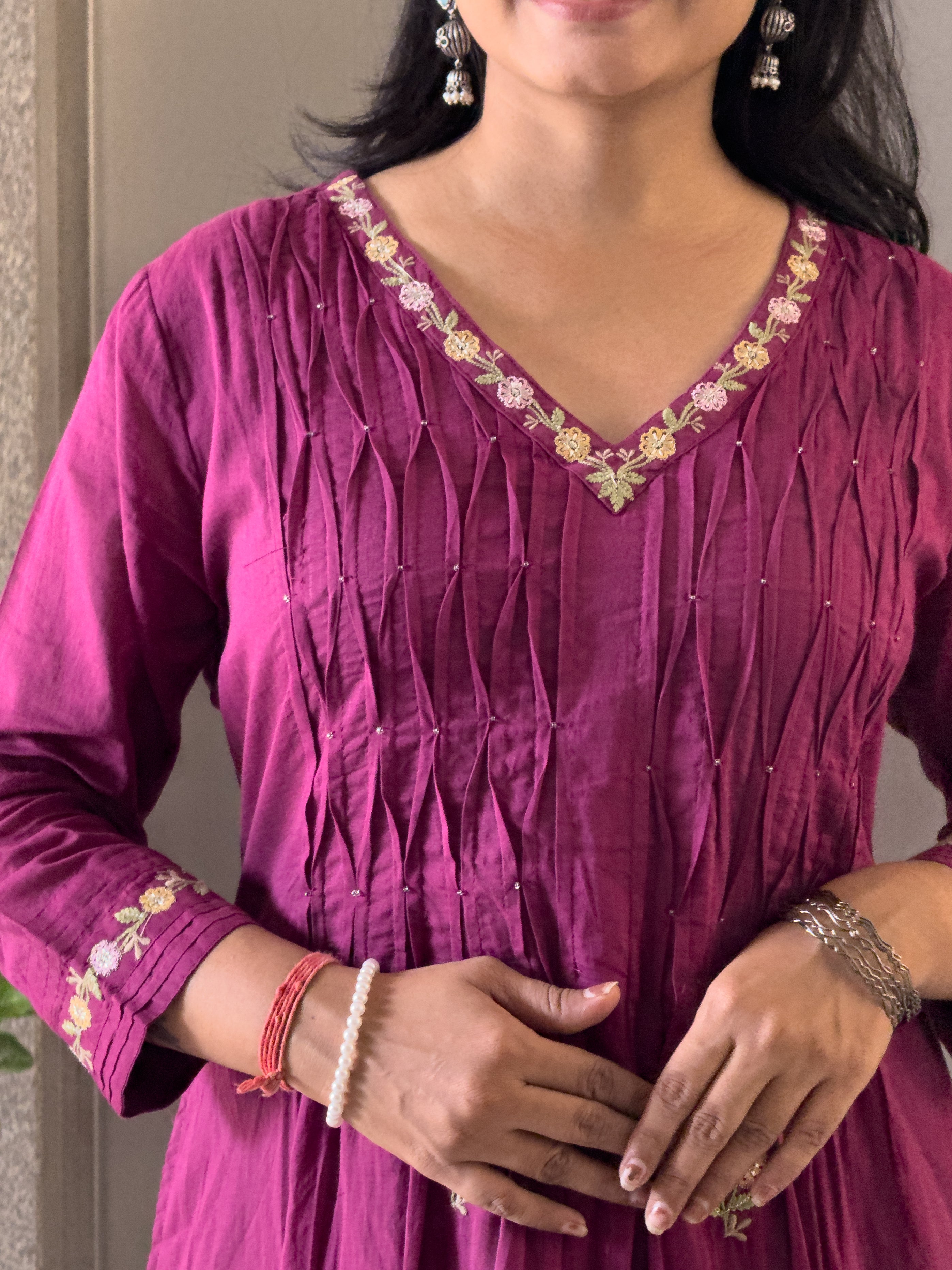 Wine Round Kurta Pant Set With Dupatta For Women
