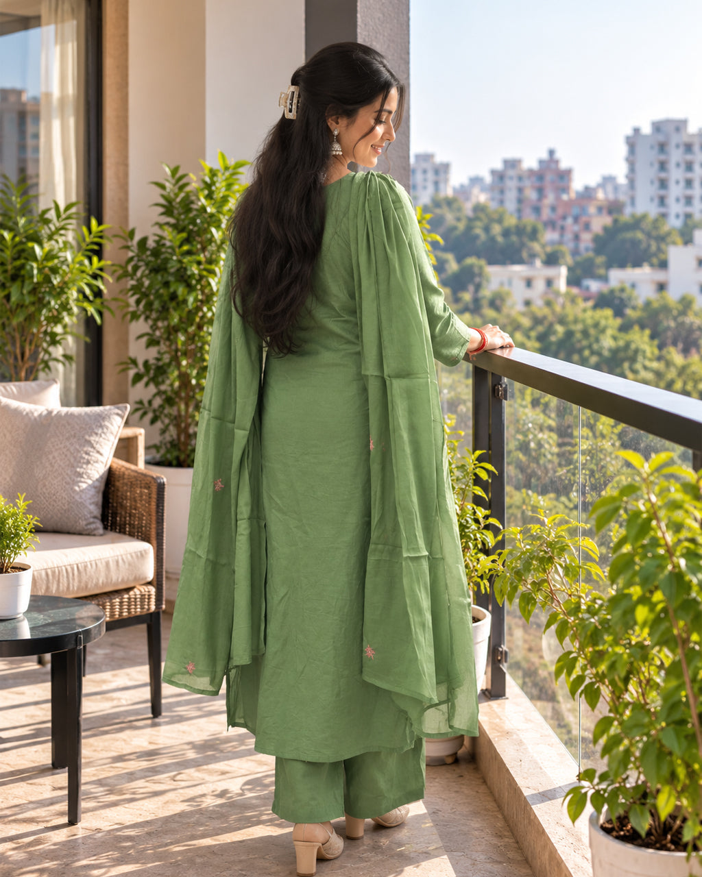 Green Mal Cotton A Line Kurta Plazzo Set with Dupatta