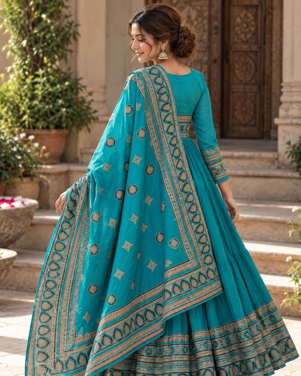 Rama Blue Anarkali Kurta Pant Set with Dupatta
