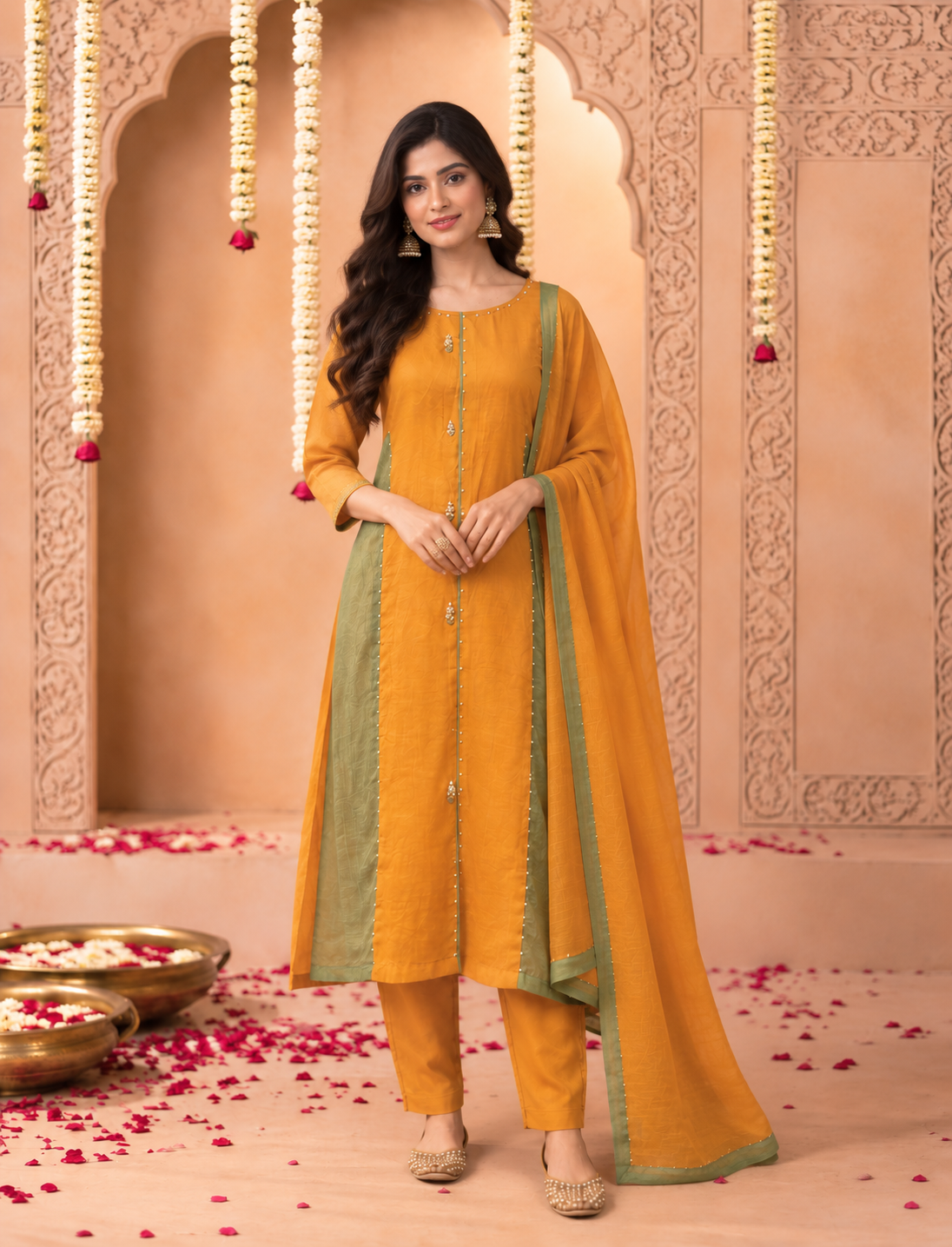 Yellow Round Mal Chanderi Kurta Pant Set with Dupatta