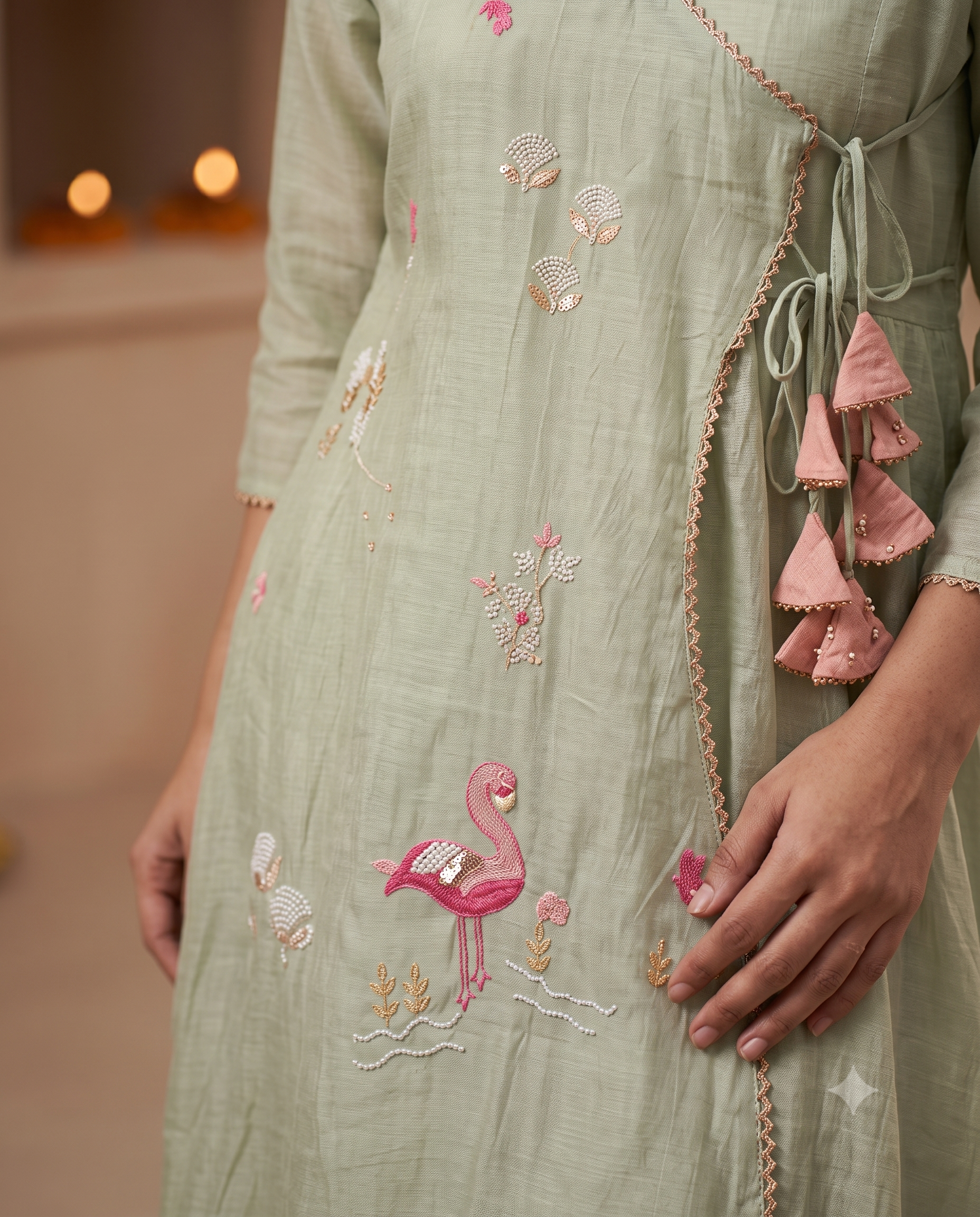 Light Pista A Line Mal Chanderi Kurta PAnt Set with Dupatta