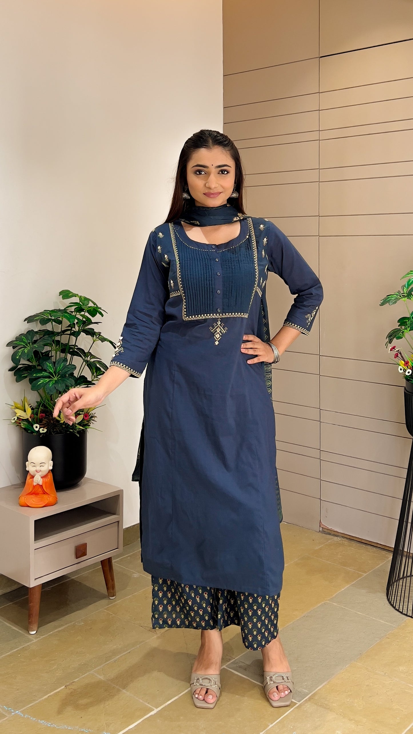 Teal Blue Cotton Straight Kurta Palazzo Set With Dupatta