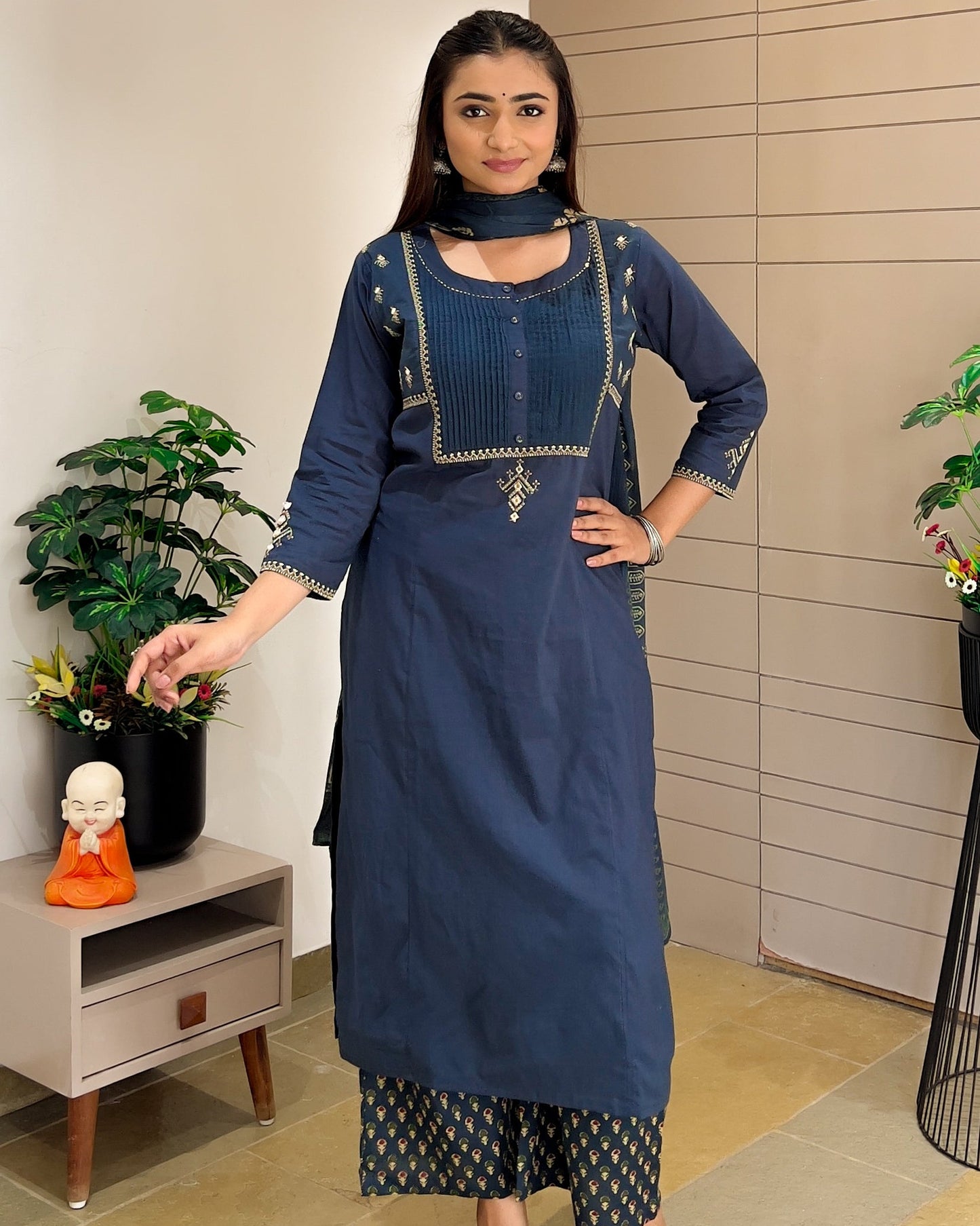 Teal Blue Cotton Straight Kurta Palazzo Set With Dupatta