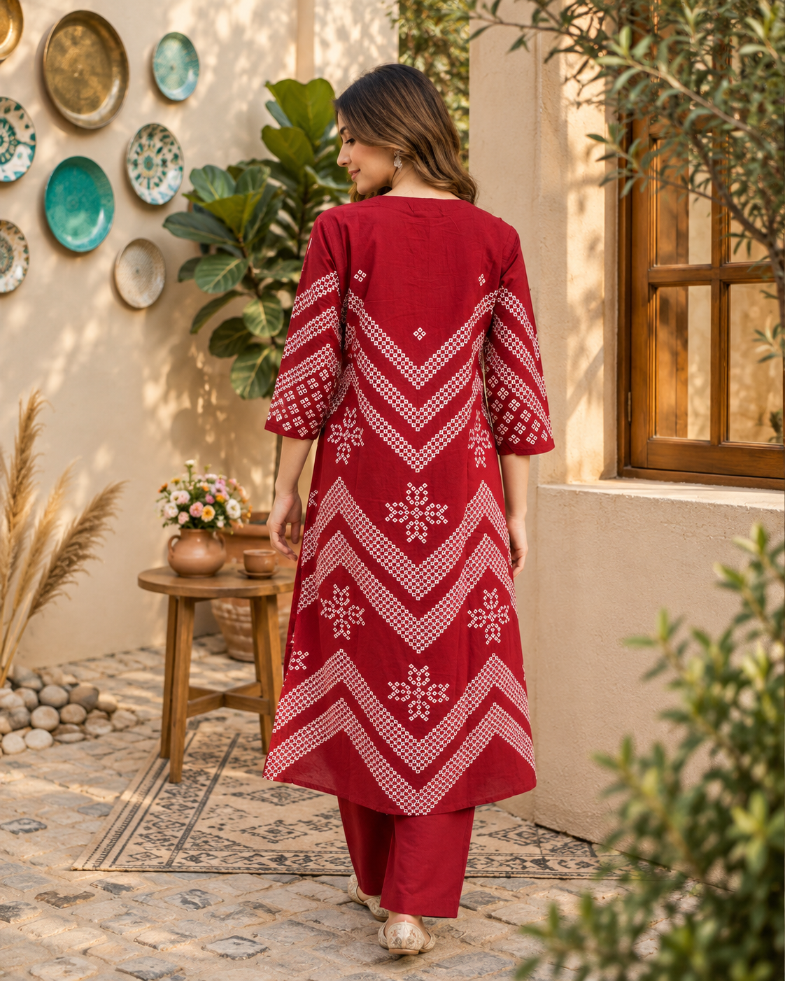 Red Cotton A Line Kurta Pant Set with Dupatta