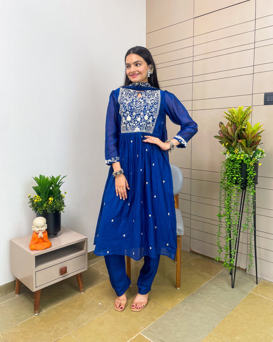 Royal Blue Aline Kurta Pant Set With Dupatta