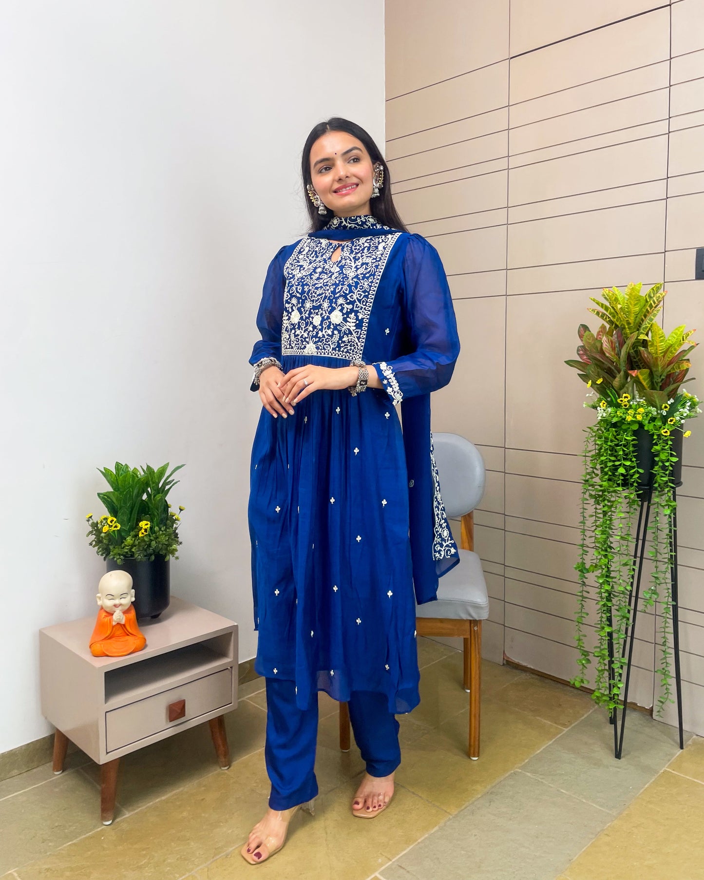Royal Blue Aline Kurta Pant Set With Dupatta