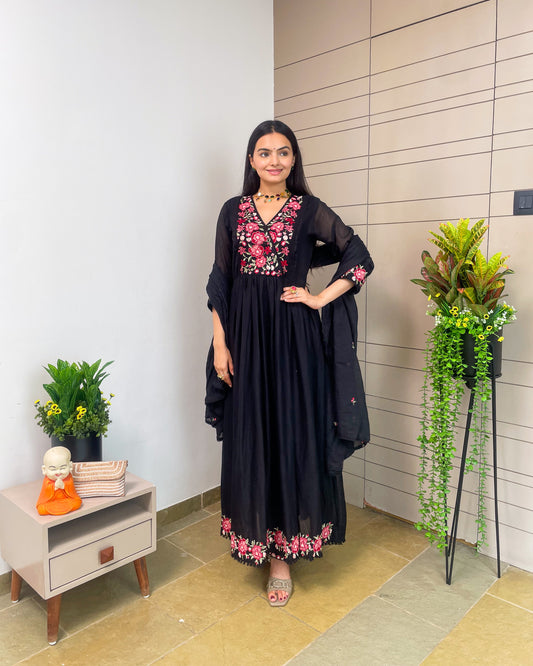 Black mal Cotton Round Kurta Pant Set With Dupatta