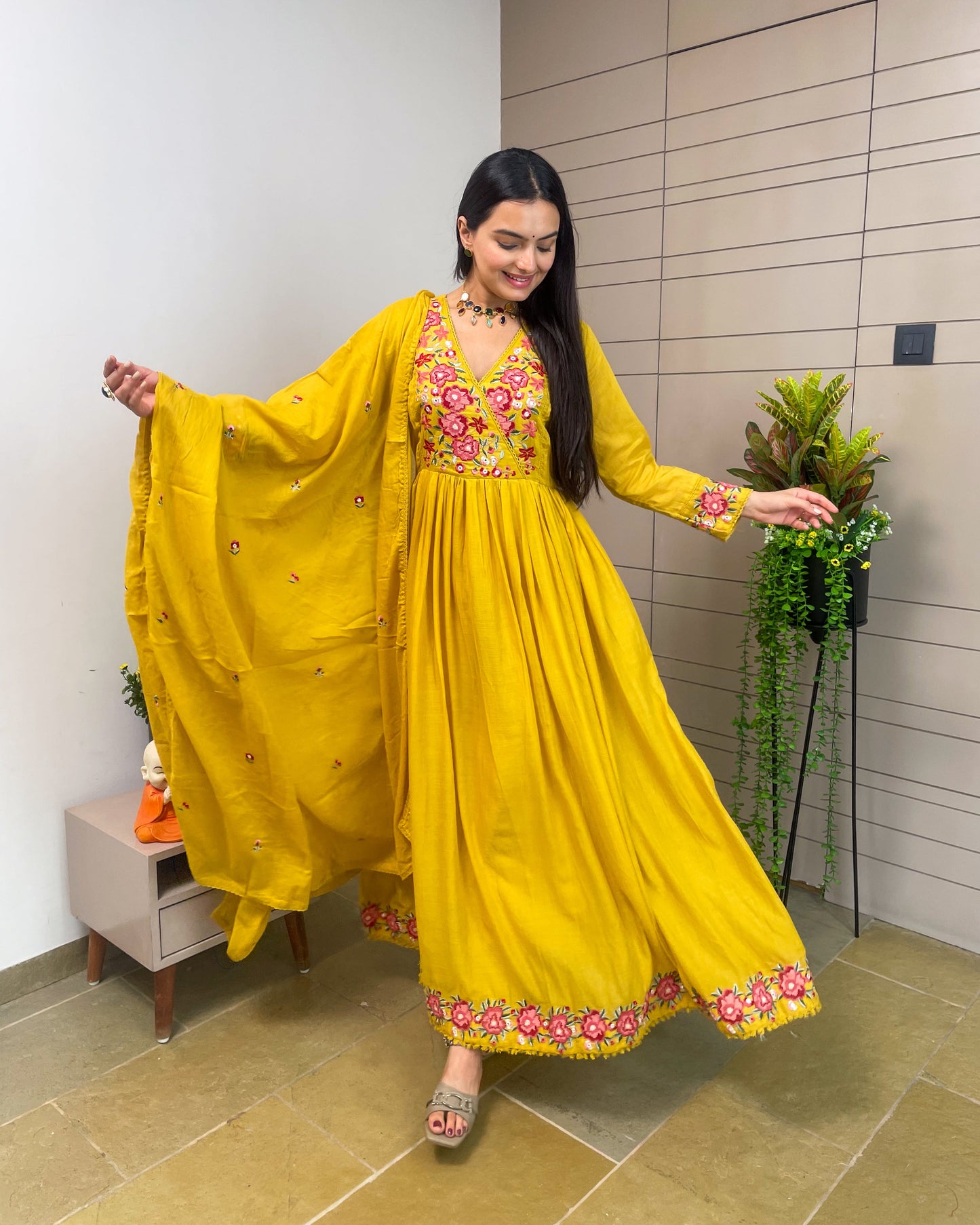 Yellow mul Cotton Round Kurta Pant Set With Dupatta