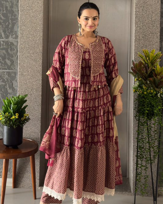 Wine Anarkali Cotton Kurta Pant Set with Jacket & Dupatta