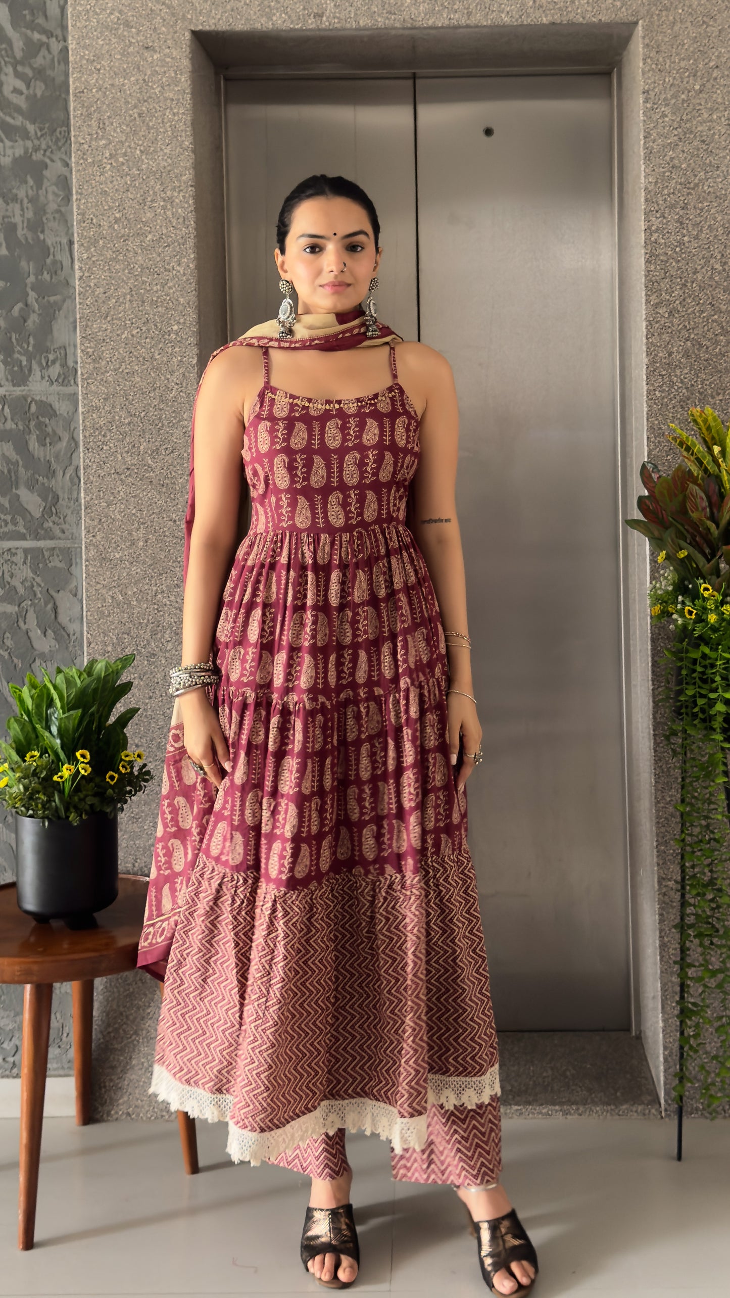 Wine Anarkali Cotton Kurta Pant Set with Jacket & Dupatta
