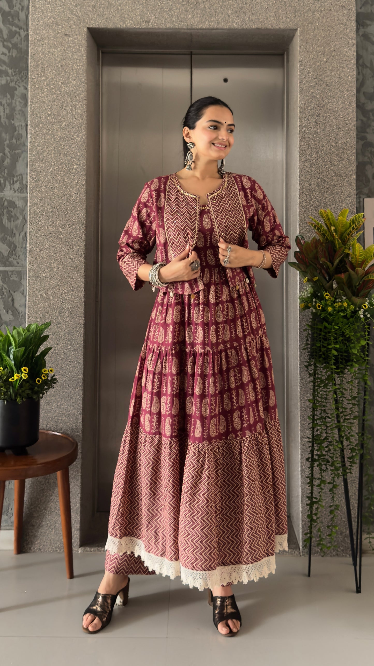 Wine Anarkali Cotton Kurta Pant Set with Jacket & Dupatta
