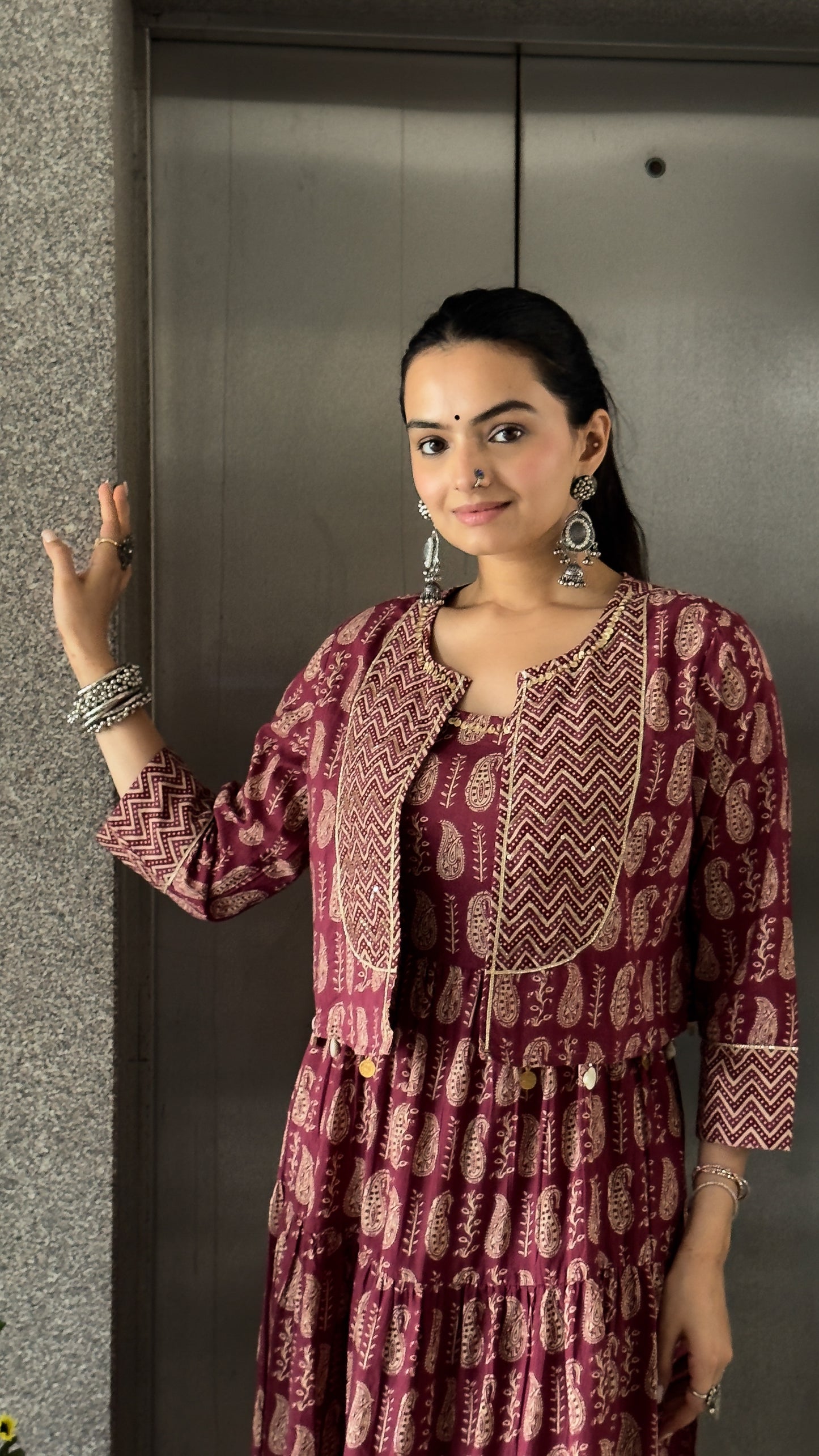 Wine Anarkali Cotton Kurta Pant Set with Jacket & Dupatta