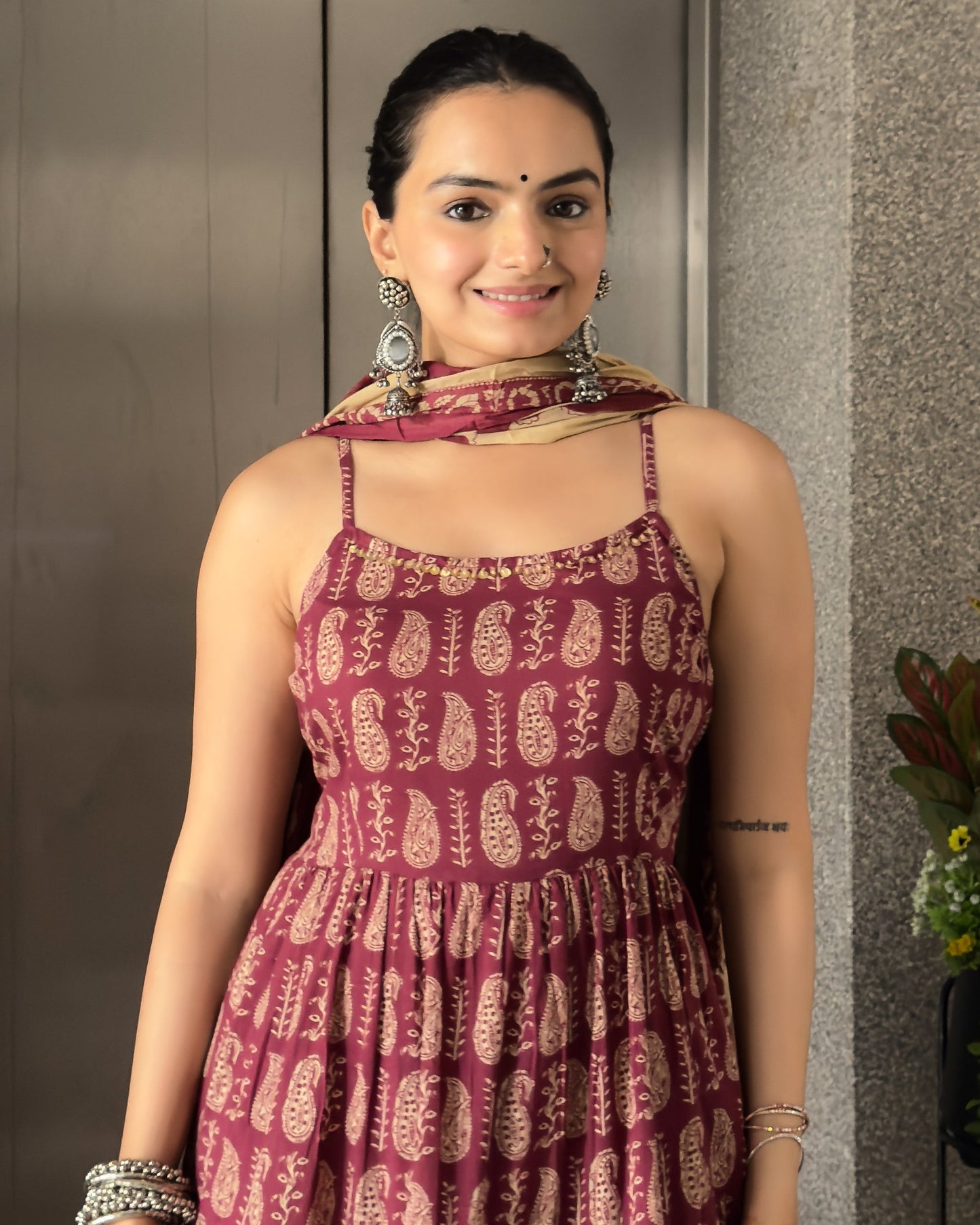 Wine Anarkali Cotton Kurta Pant Set with Jacket & Dupatta