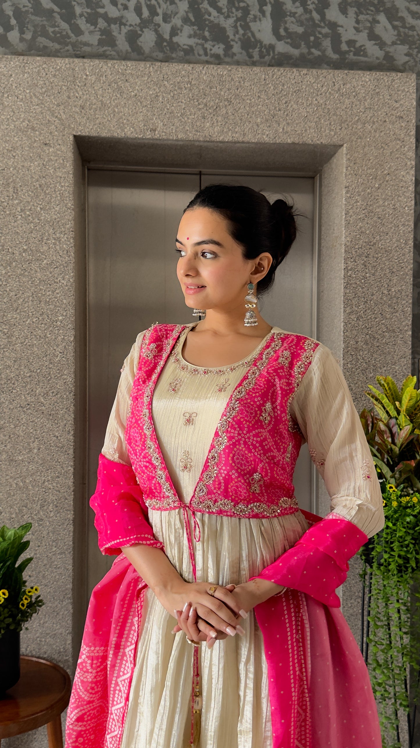 Off White Round With Jacket Gown For Girls