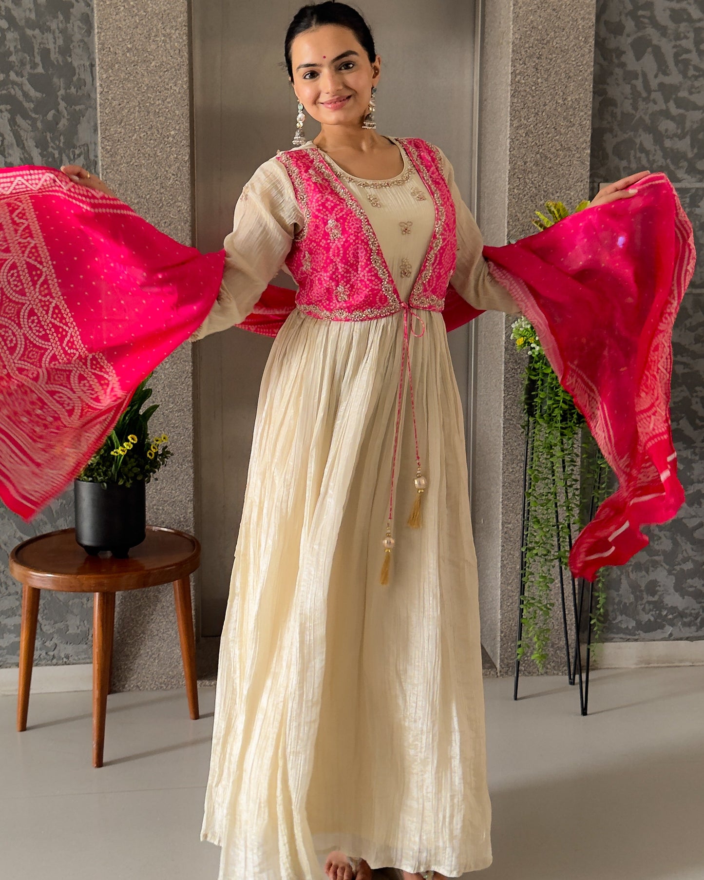 Off White Round With Jacket Gown For Girls