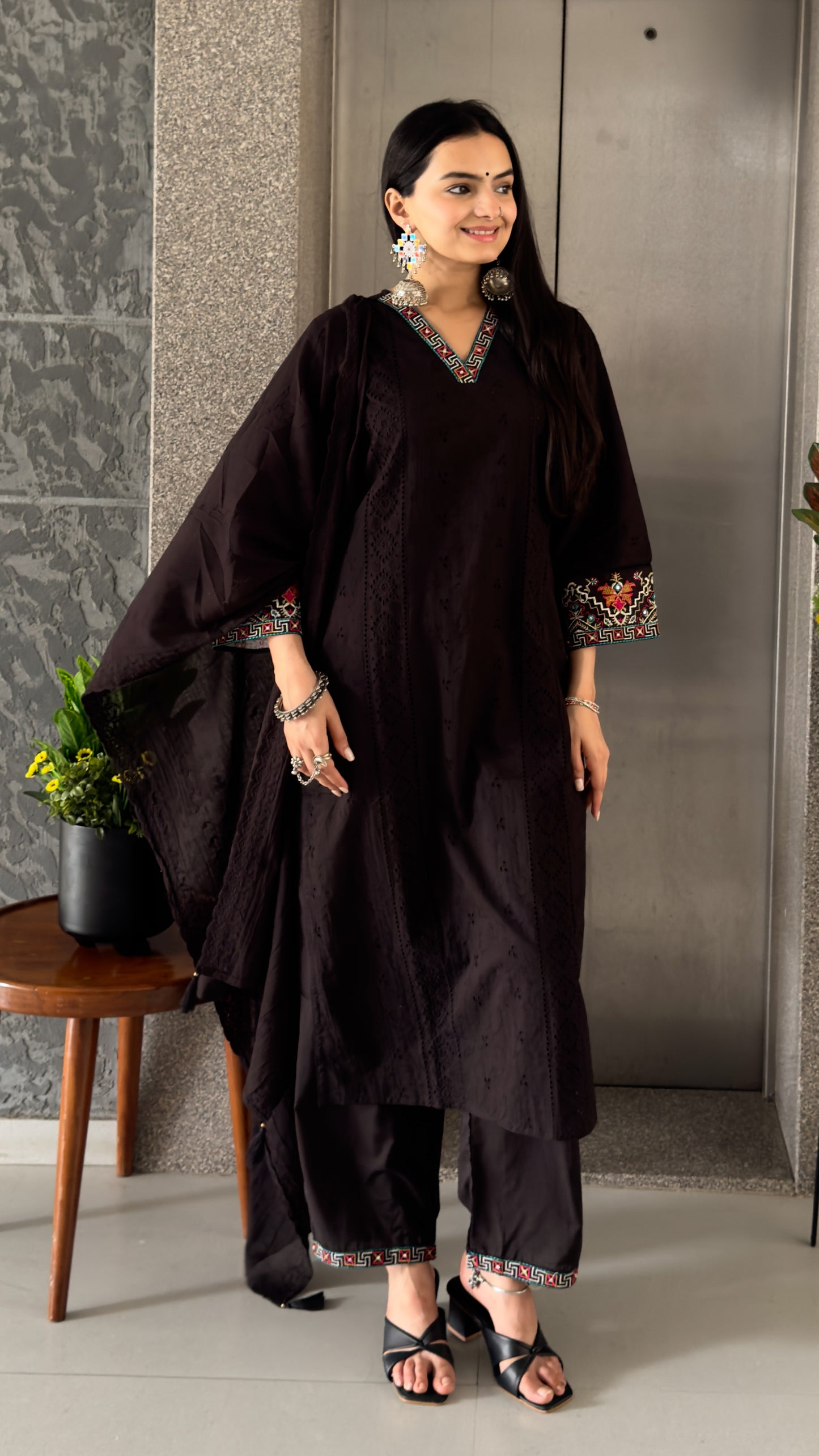 Black Cotton Kurta Palazzo Set With Dupatta