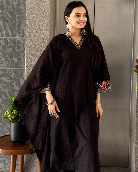 Black Cotton Kurta Palazzo Set With Dupatta