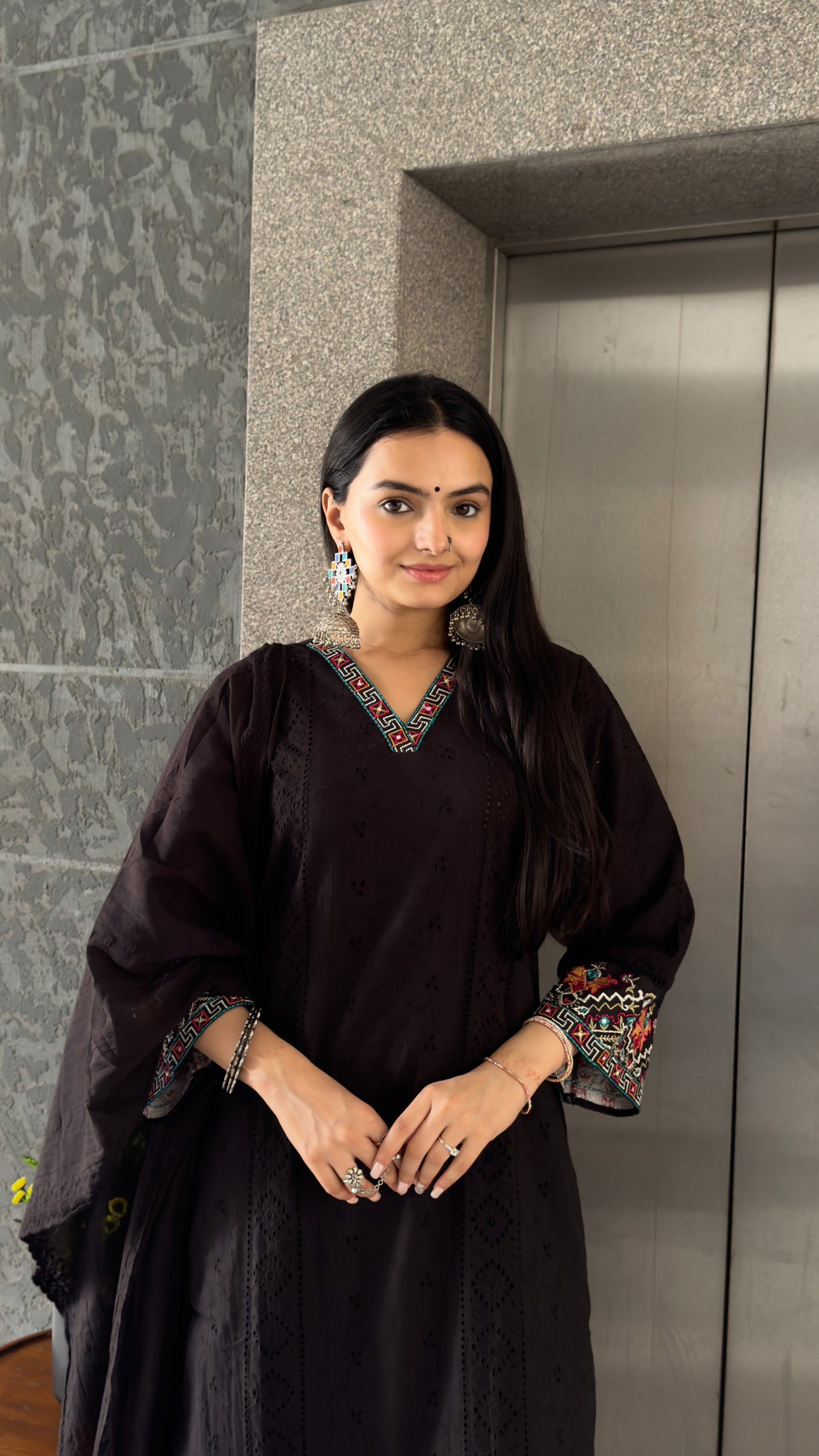 Black Cotton Kurta Palazzo Set With Dupatta