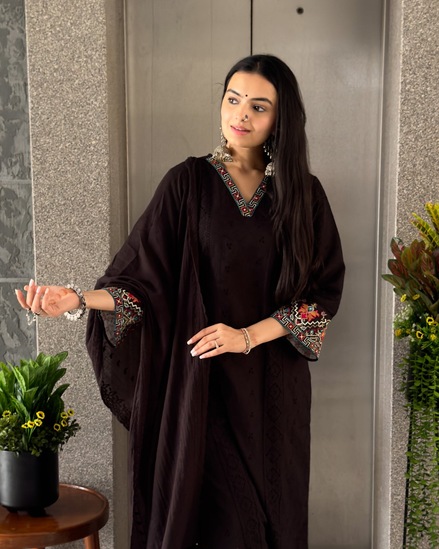 Black Cotton Kurta Palazzo Set With Dupatta