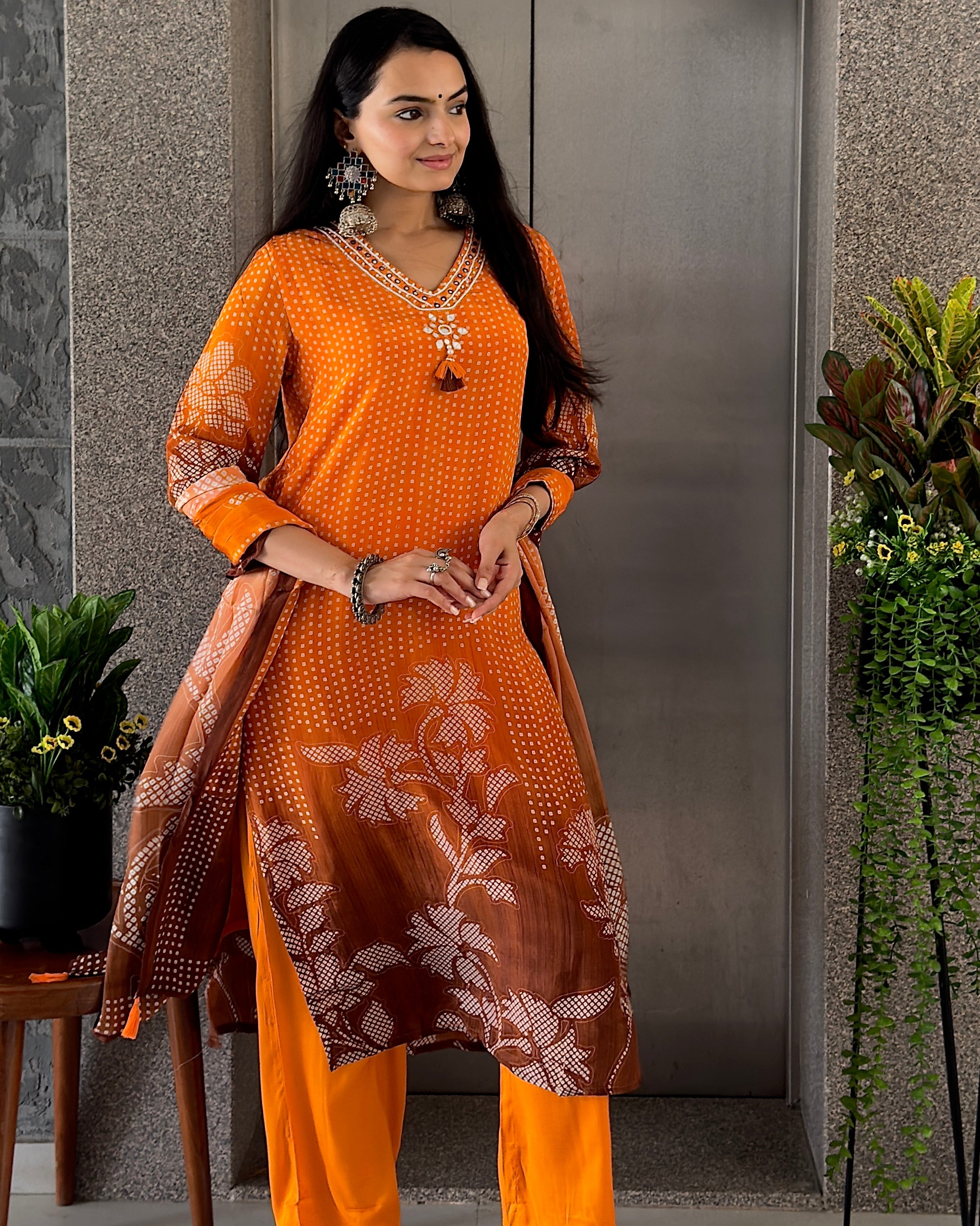 Orange Straight Kurta Pant Set With Dupatta