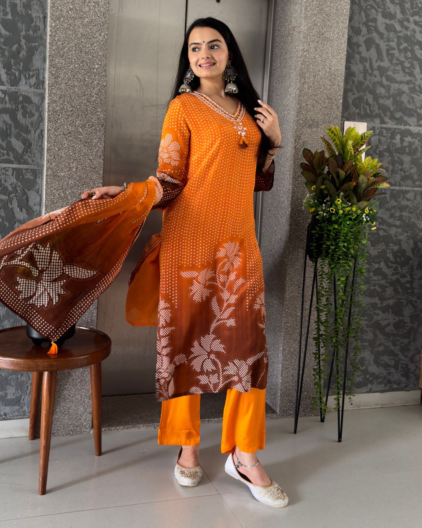 Orange Straight Kurta Pant Set With Dupatta