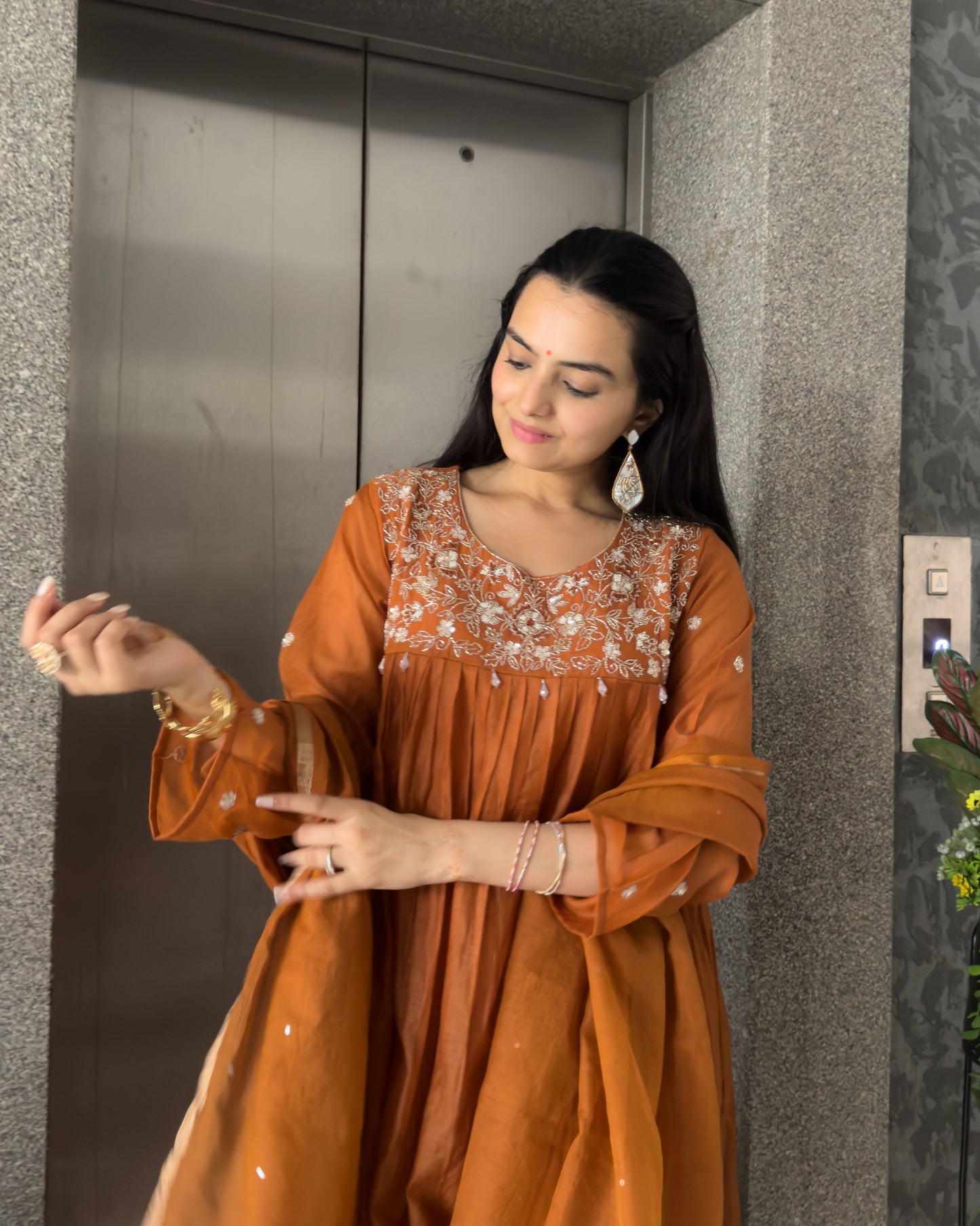 Rust Mal Chanderi Kurta Palazzo Set With Dupatta