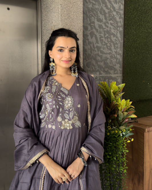 Grey A-line Kurta Pant Set With Dupatta