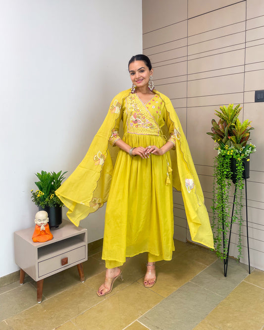 Round Angrakha Style Kurta Pant Set with Dupatta