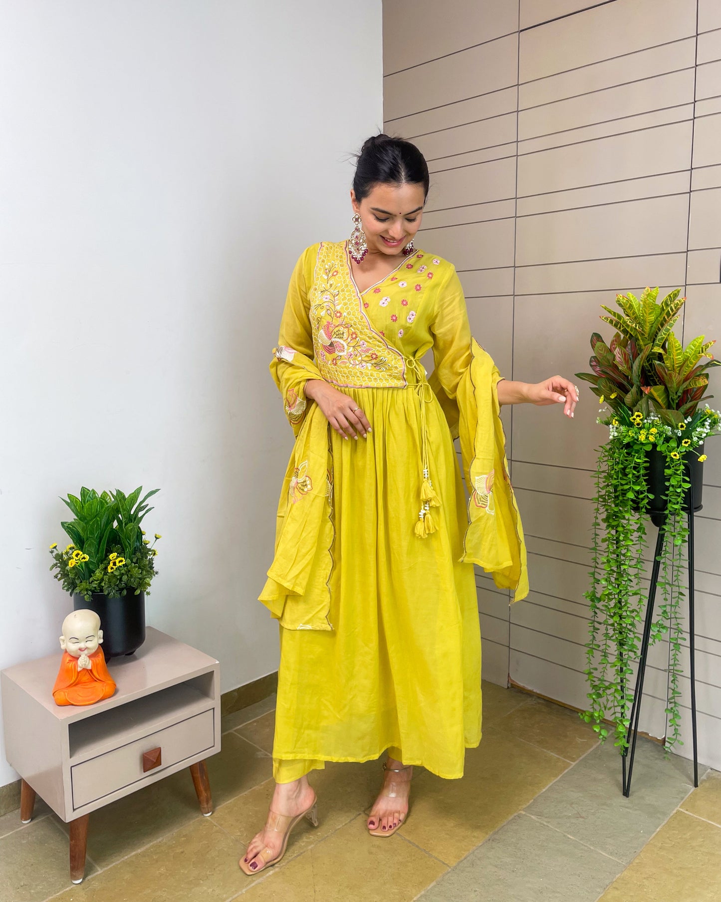 Round Angrakha Style Kurta Pant Set with Dupatta