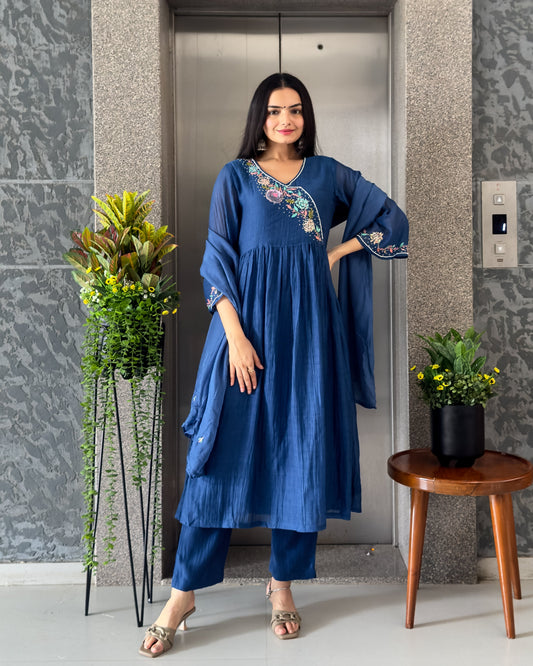 Blue A-Line Kurta Pant Set with Dupatta