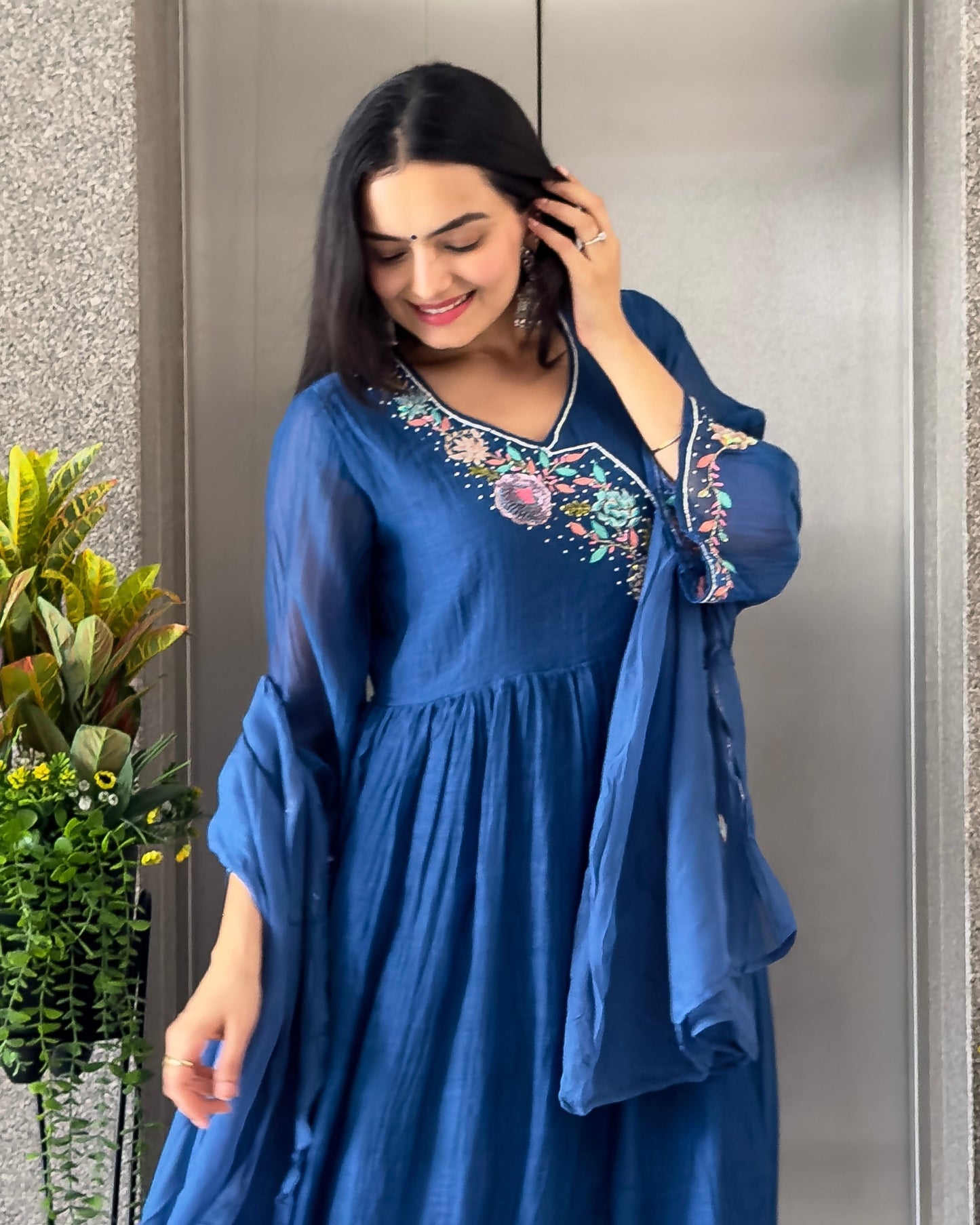 Blue A-Line Kurta Pant Set with Dupatta