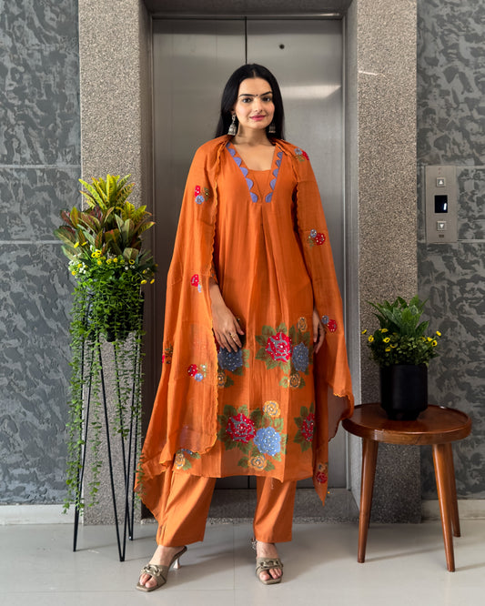Rust A-Line Round Kurta Pant Set with Dupatta