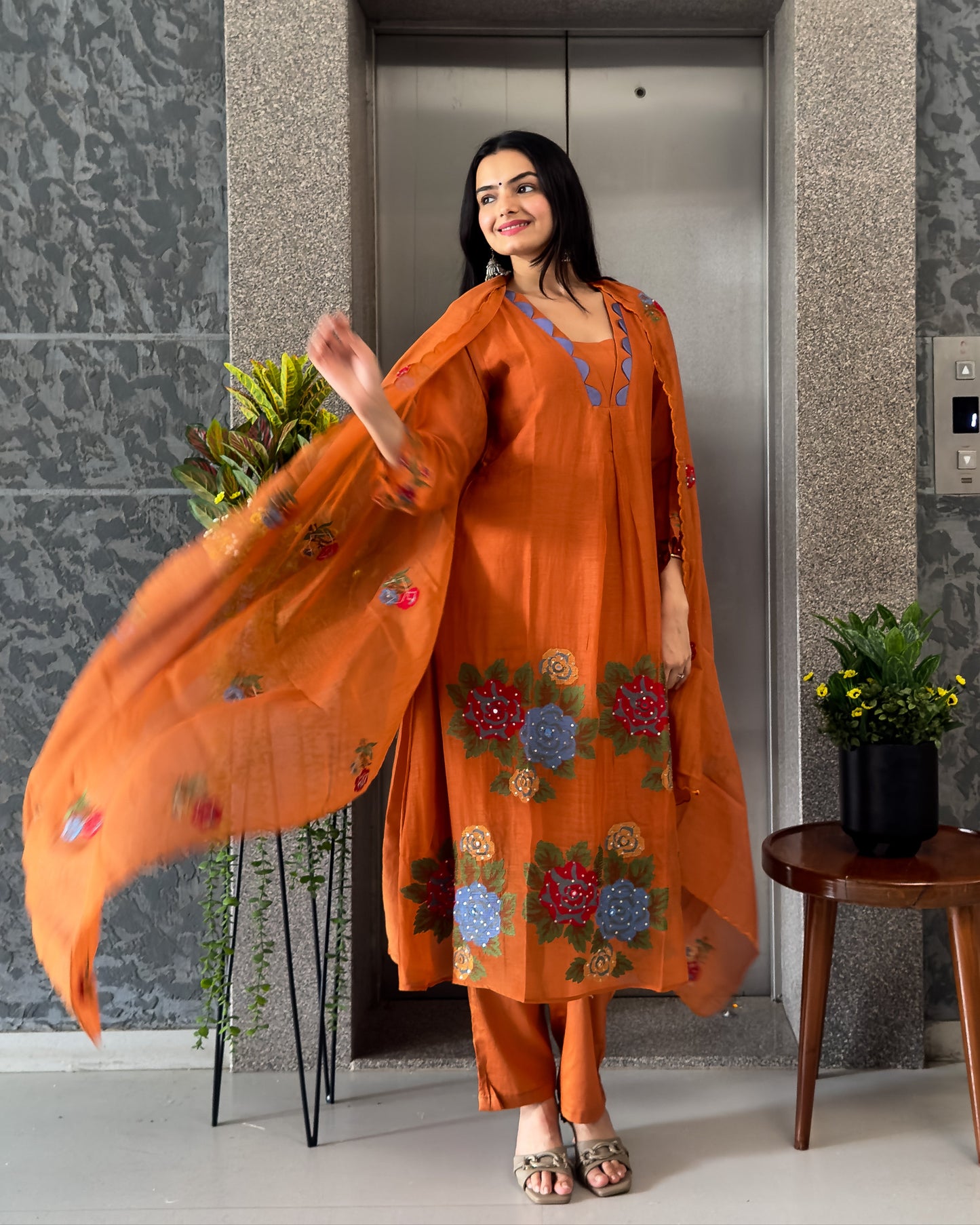 Rust A-Line Round Kurta Pant Set with Dupatta
