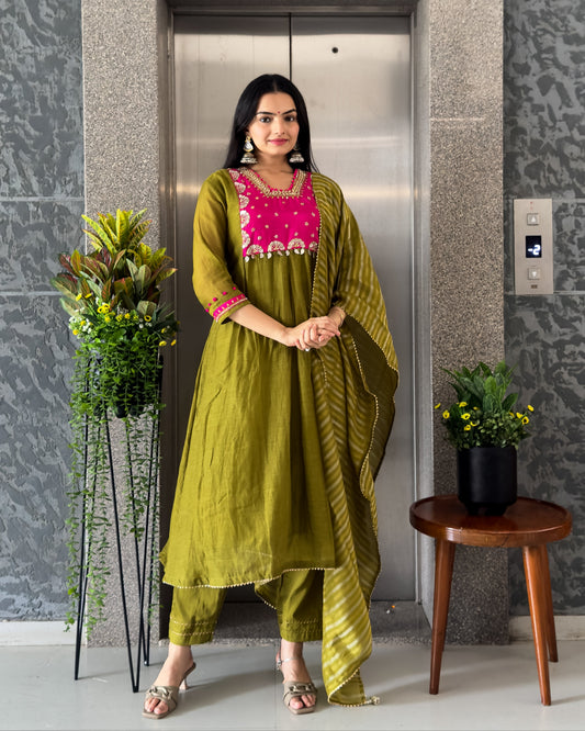 Mehndi A-Line Kurta Pant Set With Dupatta