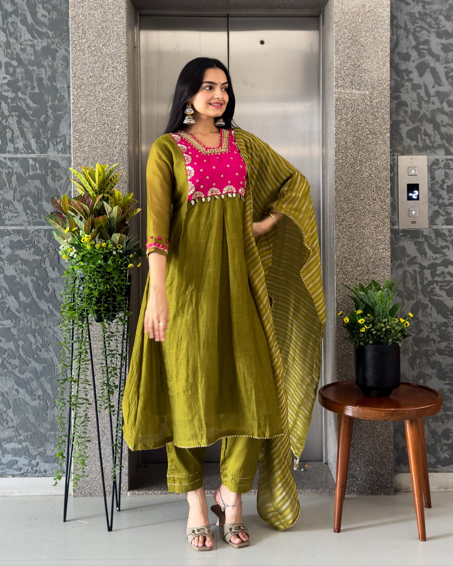 Mehndi A-Line Kurta Pant Set With Dupatta