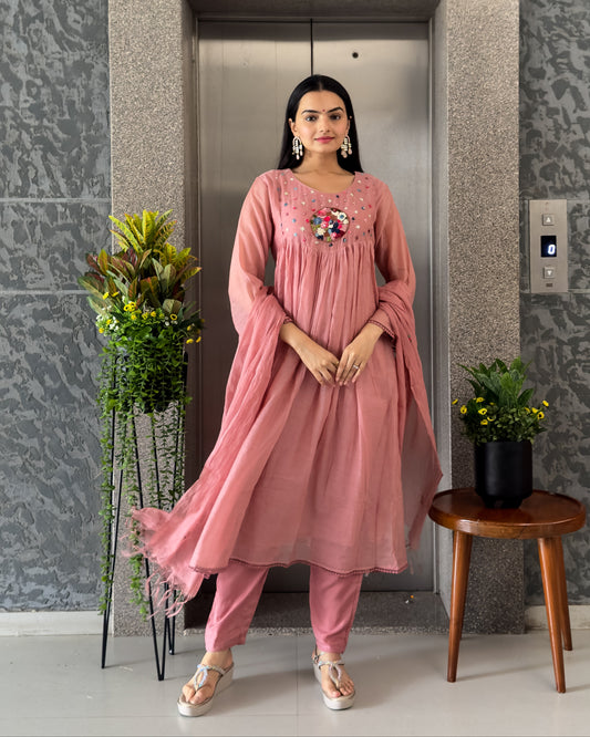 Pink Round Kurta Pant Set with Dupatta