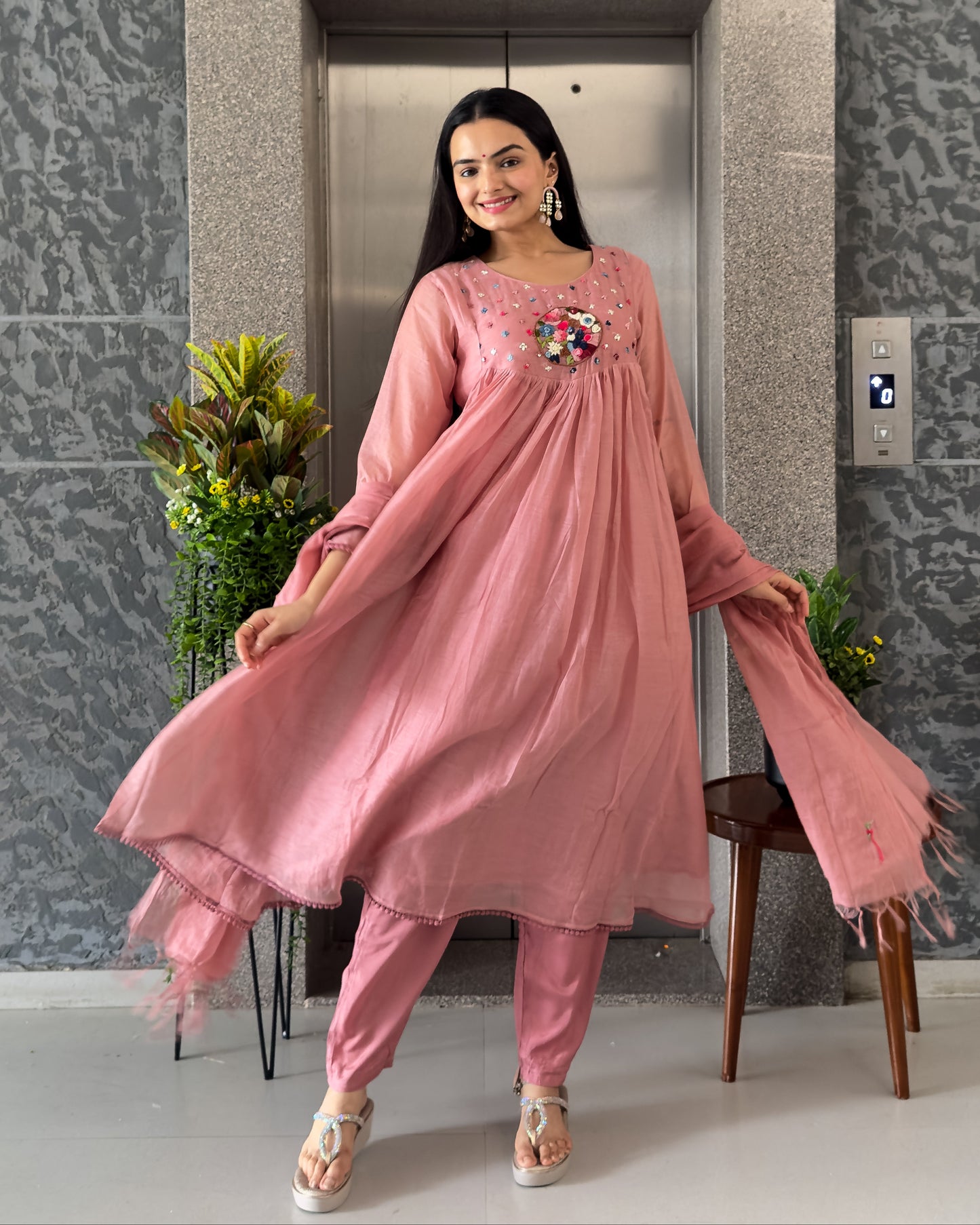 Pink Round Kurta Pant Set with Dupatta