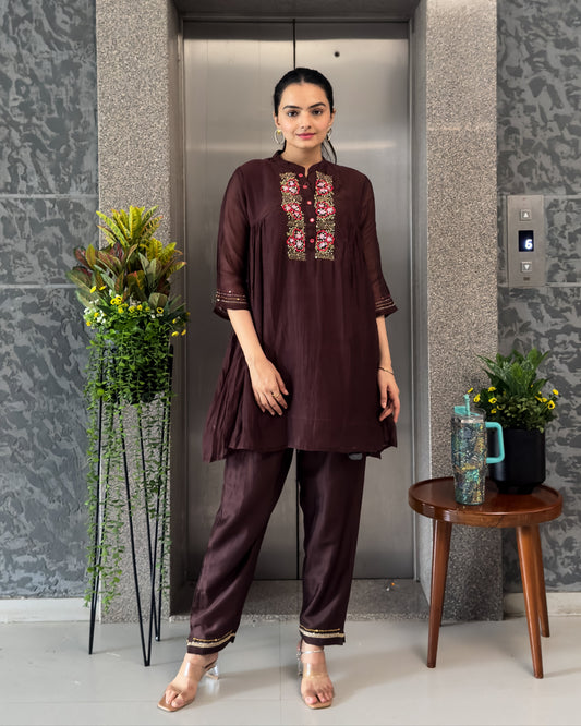 Coffee & Teal Blue Mal Chanderi Co ord Set Women