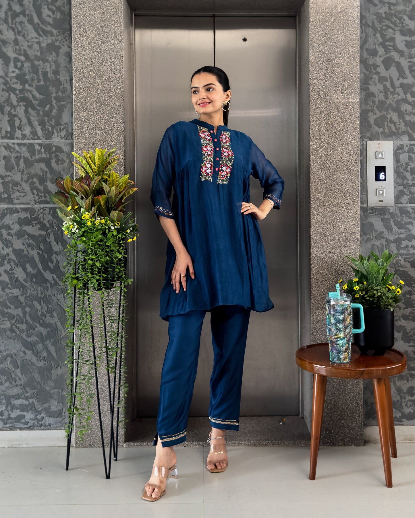 Coffee & Teal Blue Mal Chanderi Co ord Set Women