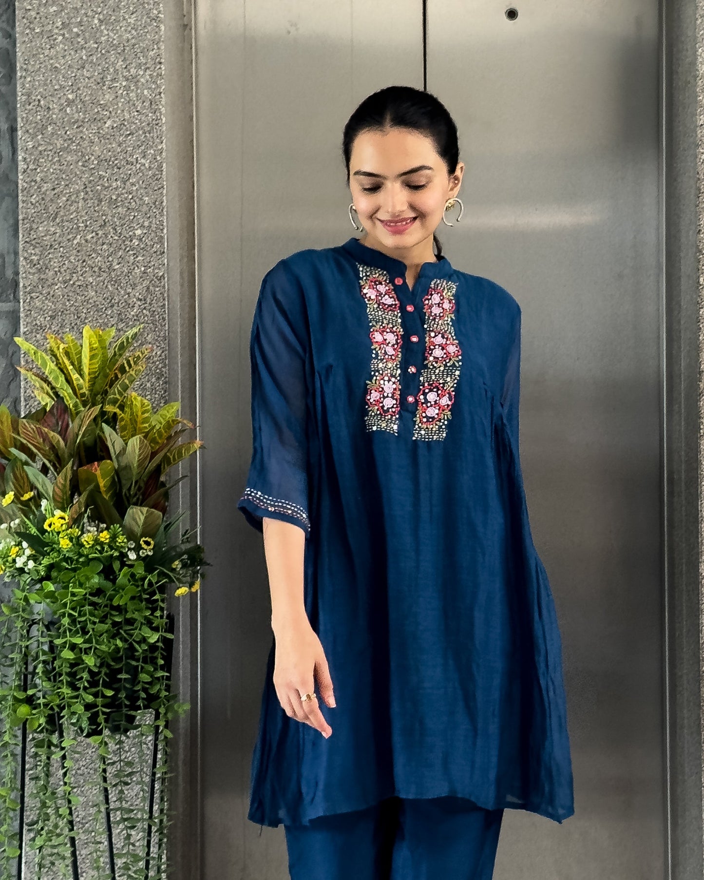 Coffee & Teal Blue Mal Chanderi Co ord Set Women
