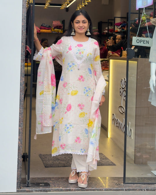 Off-White Printed A-line Round Kurta Pant Set with Dupatta