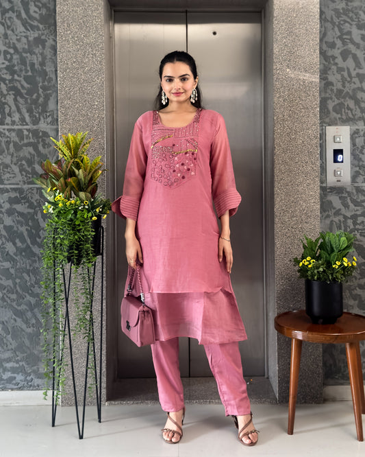 Pink A-Line Mal Chanderi Kurta Pant Set For Women