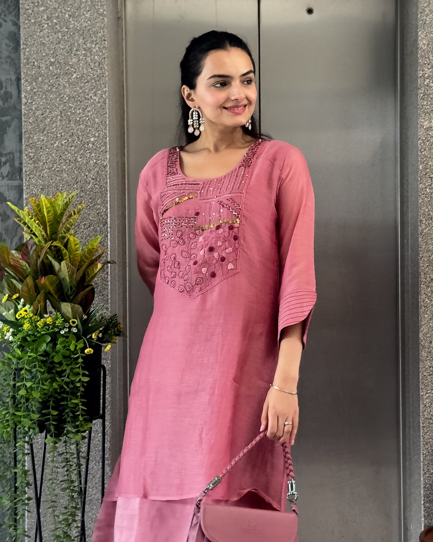 Pink A-Line Mal Chanderi Kurta Pant Set For Women