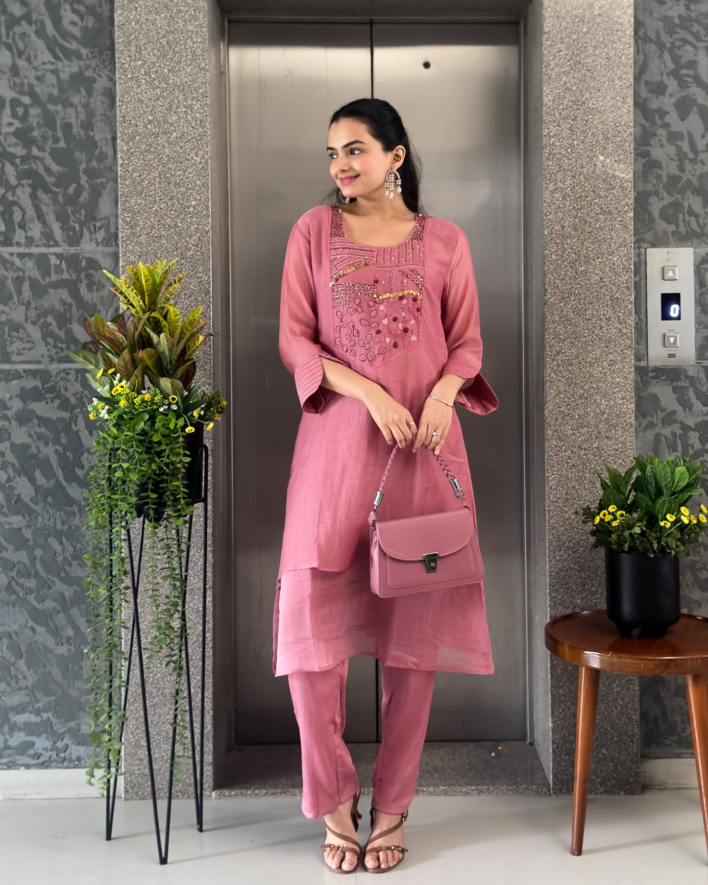 Pink A-Line Mal Chanderi Kurta Pant Set For Women