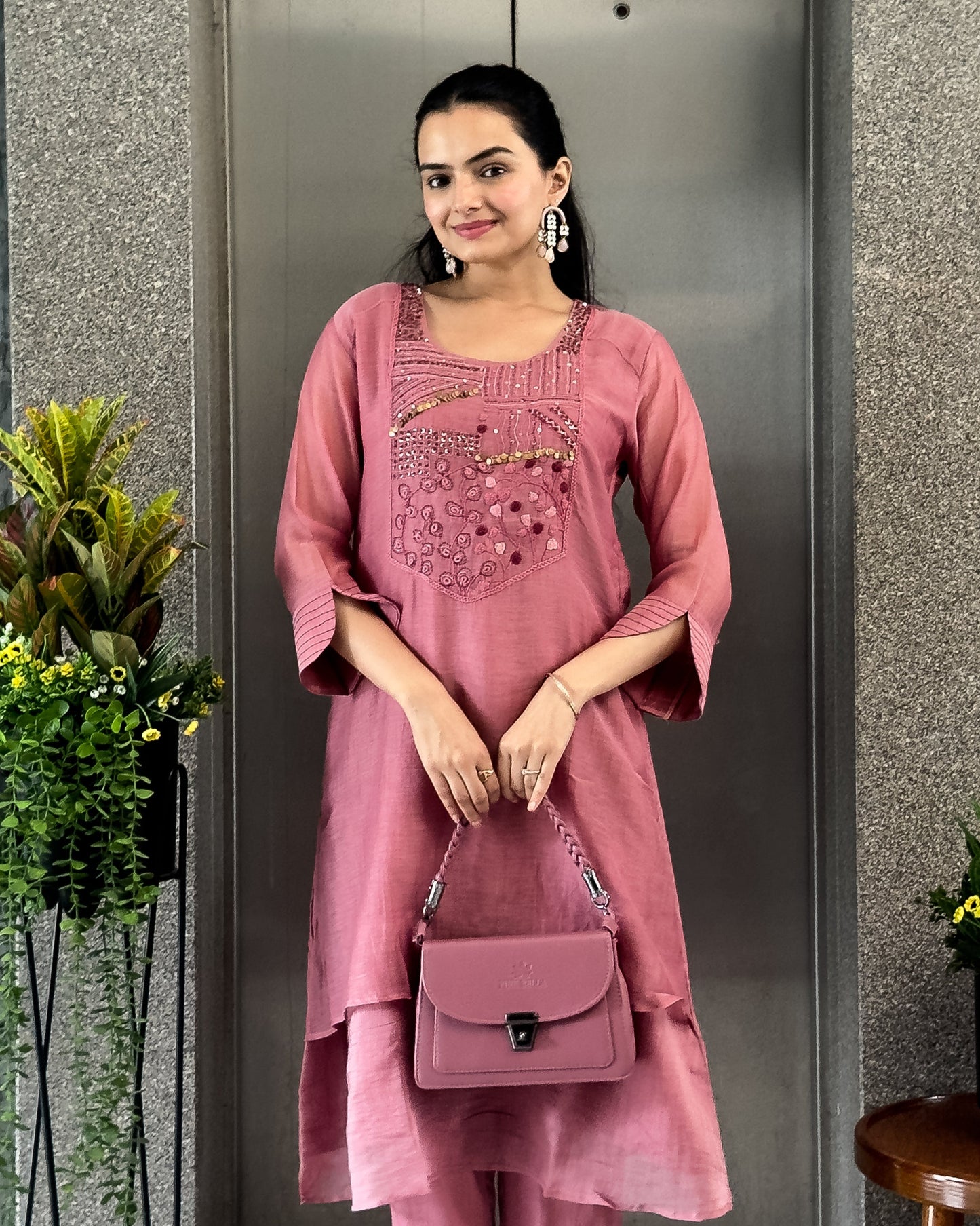 Pink A-Line Mal Chanderi Kurta Pant Set For Women