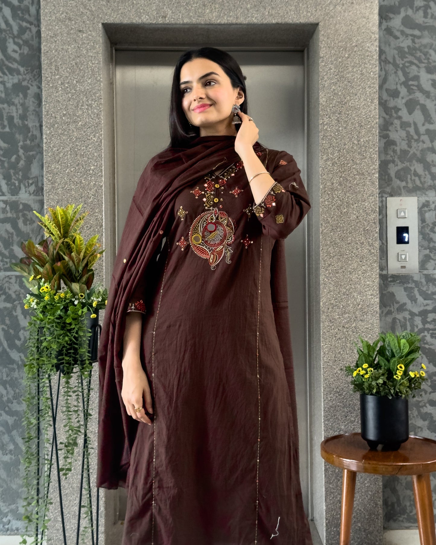 Coffee Straight Kurta Pant Set with Dupatta
