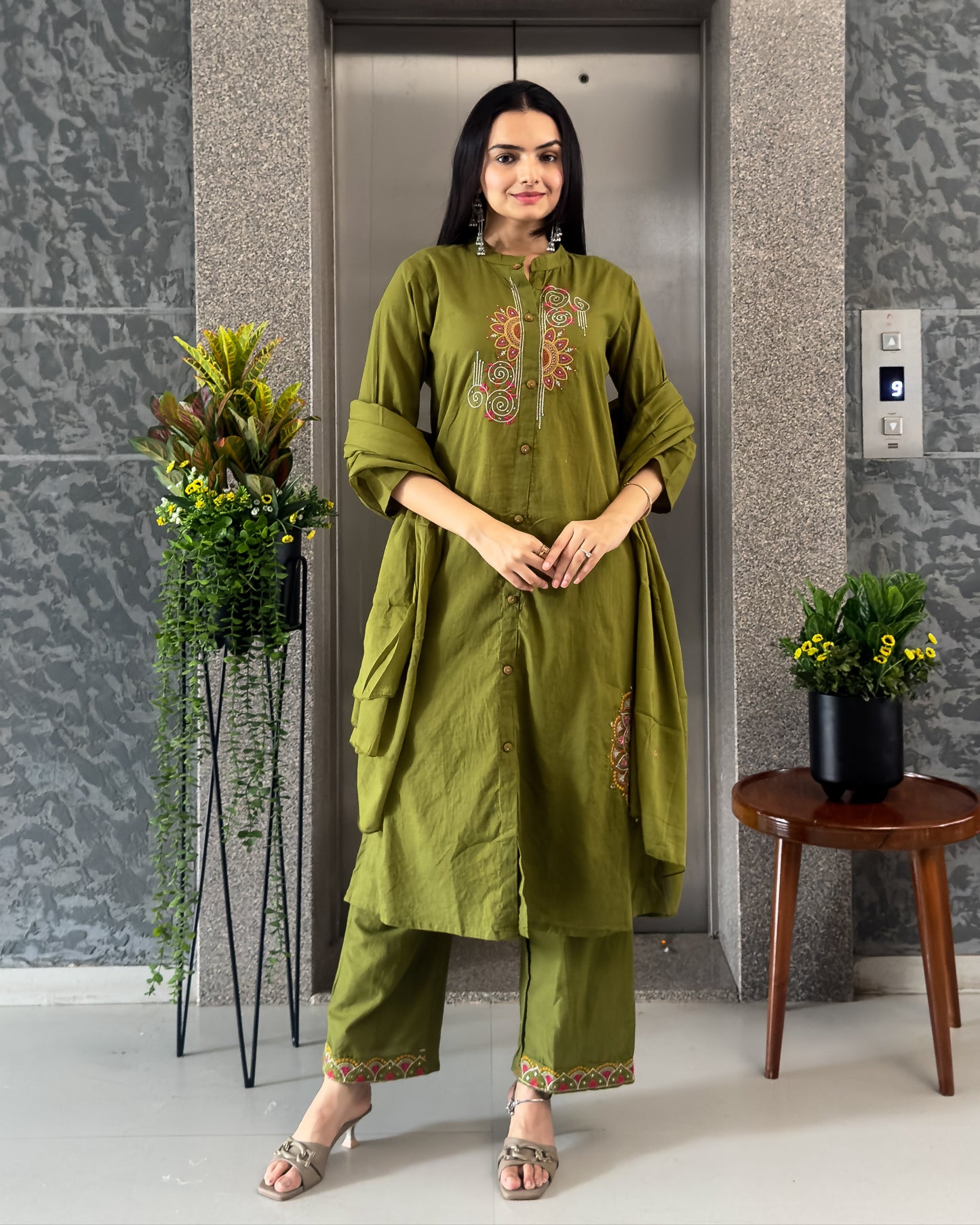 Mehndi A-Line Kurta Pant Set with Dupatta