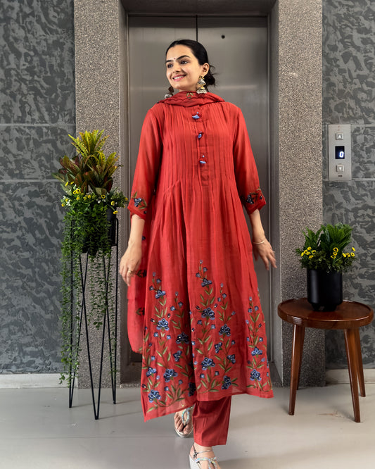 Rust A-Line Kurta Pant Set with Dupatta