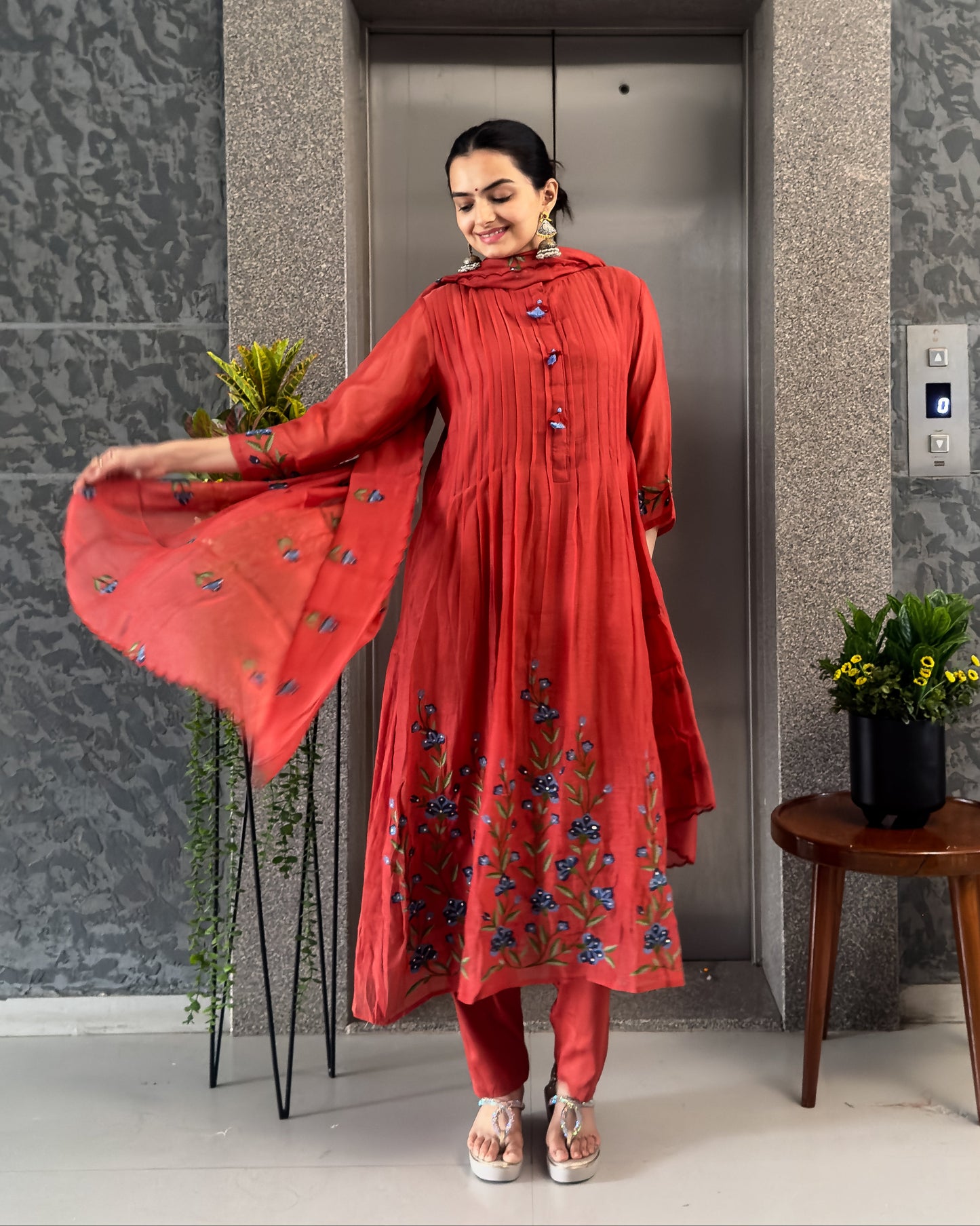 Rust A-Line Kurta Pant Set with Dupatta