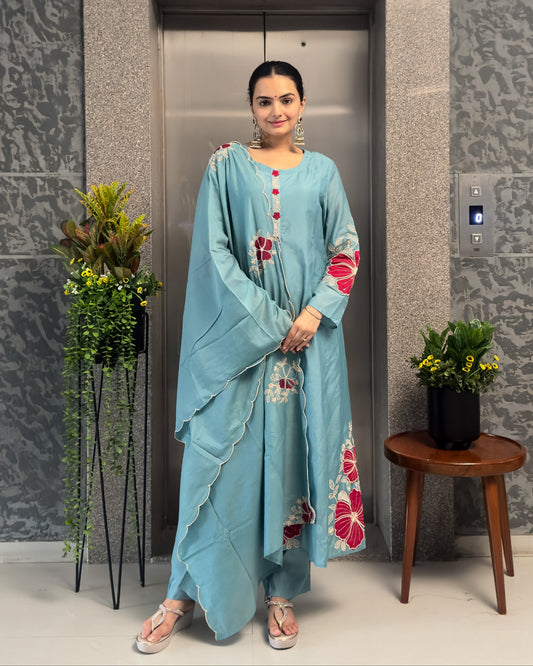 Sky A-Line Kurta Pant Set with Dupatta